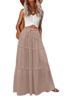Women's Boho High Waisted Coffee Grey Maxi Skirts Tiered Floral Long Skirts